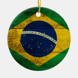 Old Wooden Brazil Flag Ceramic Ornament