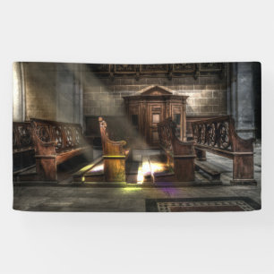 Old Wooden Church Bench with Kneeler Banner