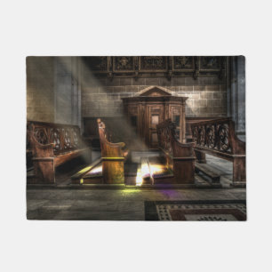 Old Wooden Church Bench with Kneeler Doormat