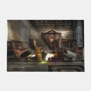 Old Wooden Church Bench with Kneeler Floor Mat