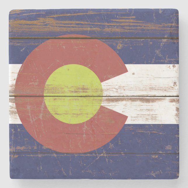 Old Wooden Colorado State Flag Stone Coaster (Front)