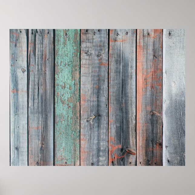 Old wooden fence painted in different color, trend poster (Front)
