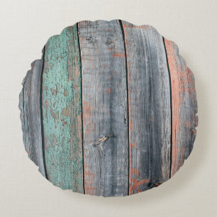 Old wooden fence painted in different colour, tren round pillow