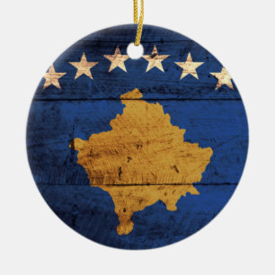 Old Wooden Kosovo Flag Ceramic Ornament