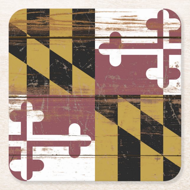 Old Wooden Maryland State Flag Square Paper Coaster (Front)
