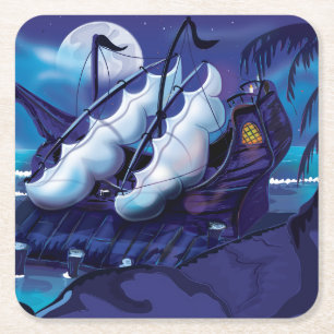Old Wooden Sail Ship in Dock. Square Paper Coaster