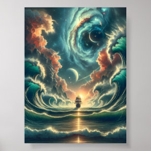 Old Wooden Ship On Stormy Ocean Poster