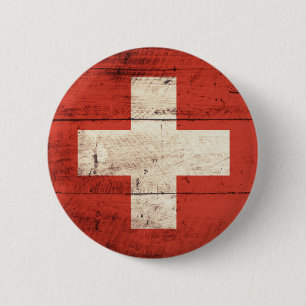 Old Wooden Swiss Flag 2 Inch Round Button