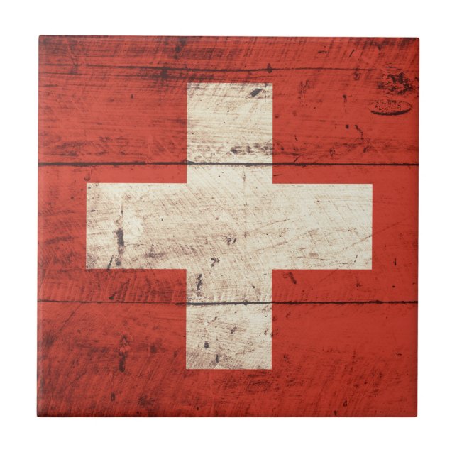 Old Wooden Switzerland Flag Tile (Front)