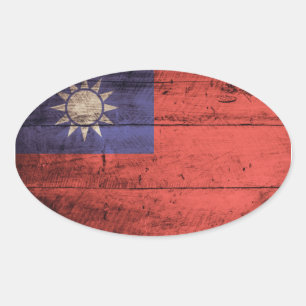 Old Wooden Taiwan Flag Oval Sticker