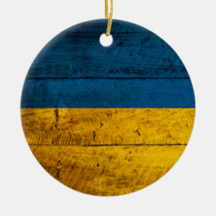 Old Wooden Ukraine Flag Ceramic Ornament