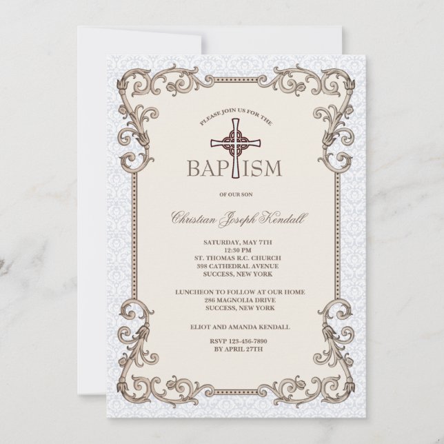 Old World Blue Baptism Invitation (Front)