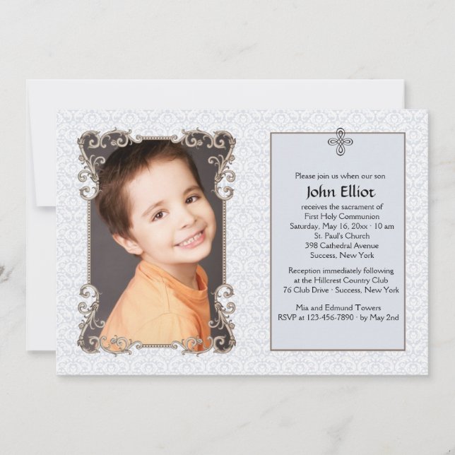 Old World Blue Damask Photo Religious Invitation (Front)