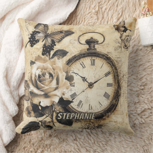 Old World Brown Botanical Compass Butterfly Throw Pillow