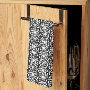 Old World Damask White on Black Kitchen Towel