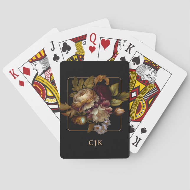Old World Dark Floral Bouquet with Monogram Playing Cards (Back)
