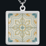Old World Decorative Tile Pattern Silver Plated Necklace<br><div class="desc">A Chariklia Zarris creation,  this old world print offers a decorative tile pattern with blue and gold on a beige background. Would make a great gift for fans of flowers and pastel prints!</div>