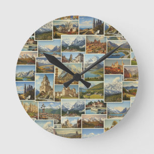 Old-World European Postcard Collage Pattern Round Clock