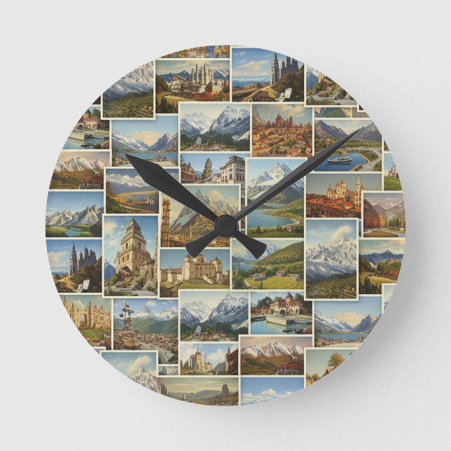 Old-World European Postcard Collage Pattern Round Clock (Front)