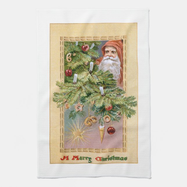 Old World Father Christmas and Decorated Tree Kitchen Towel (Vertical)
