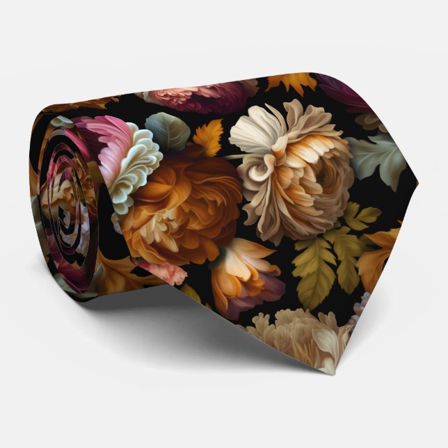 "Old World" Floral Elegance on Black Neck Tie (Rolled)
