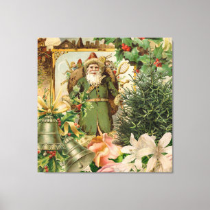 Old World Green Santa Christmas Collage Antique  Canvas Print