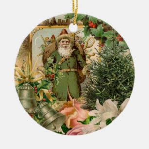 Old World Green Santa Christmas Collage Antique  Ceramic Ornament