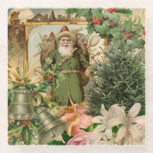 Old World Green Santa Christmas Collage Antique Glass Coaster