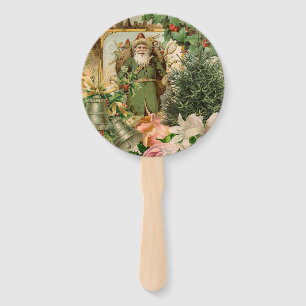 Old World Green Santa Christmas Collage Antique Hand Fan