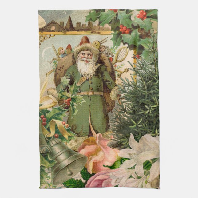 Old World Green Santa Christmas Collage Antique  Kitchen Towel (Vertical)