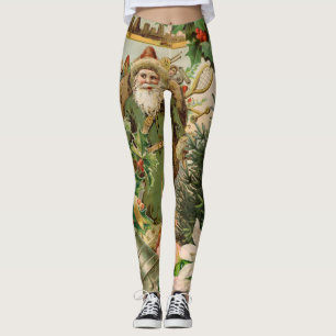 Old World Green Santa Christmas Collage Antique Leggings
