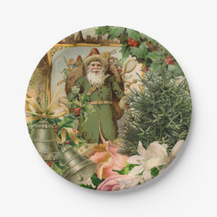Old World Green Santa Christmas Collage Antique  Paper Plate