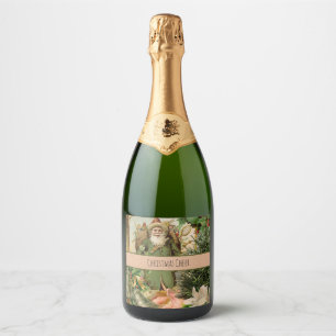Old World Green Santa Christmas Collage Antique  Sparkling Wine Label