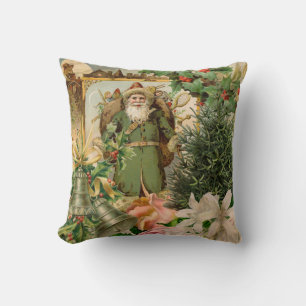 Old World Green Santa Christmas Collage Antique Throw Pillow