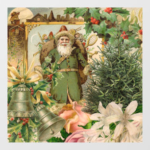 Old World Green Santa Christmas Collage Antique  Window Cling