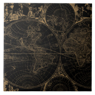 Old World Journey Map Nautical Black Tile