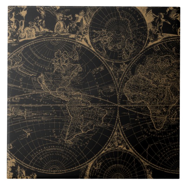 Old World Journey Map Nautical Black Tile (Front)