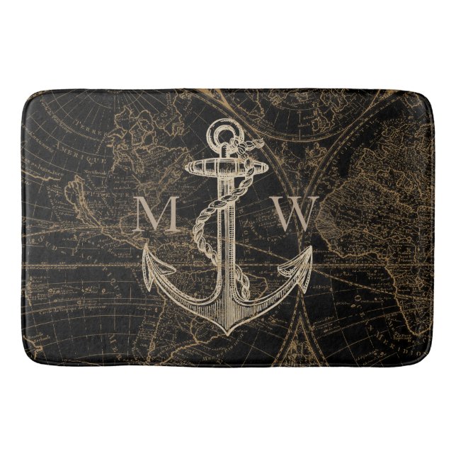 Old World Journey Nautical Anchor Monogram Black Bath Mat (Front)