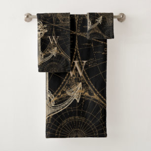 Old World Journey Nautical Anchor Monogram Black Bath Towel Set
