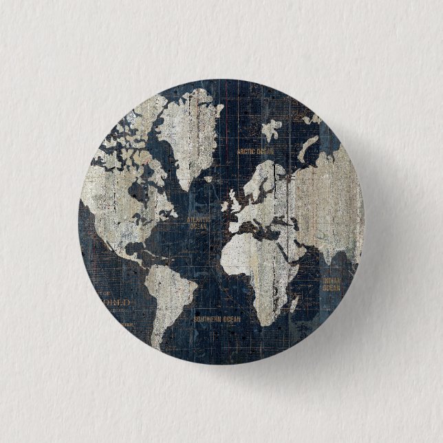 Old World Map Blue 1 Inch Round Button (Front)