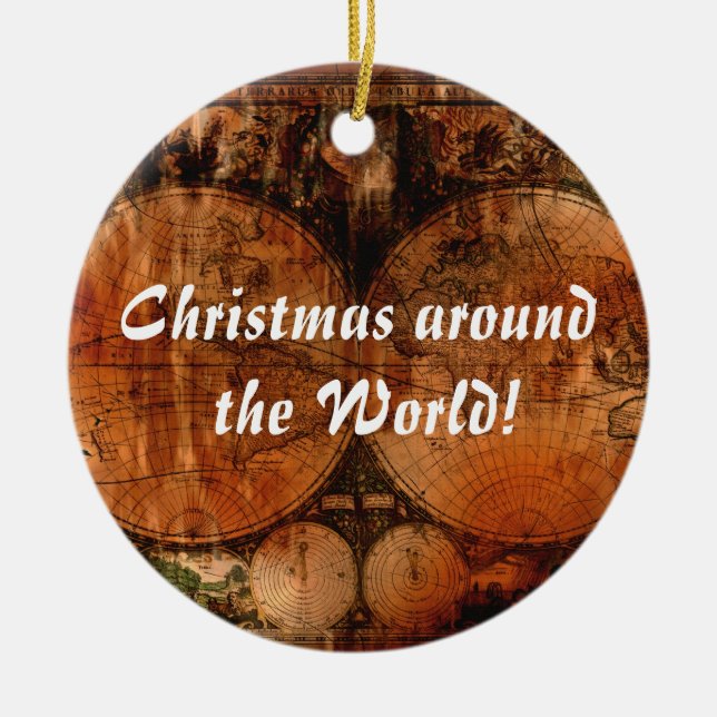 Old World Map Christmas Greetings Ceramic Ornament (Front)