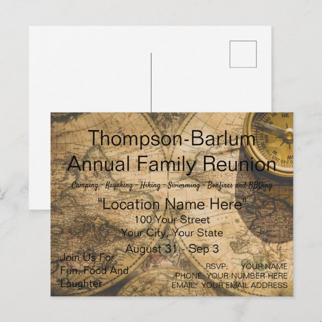 Old World Map Family Reunion Invitation Postcard (Front/Back)