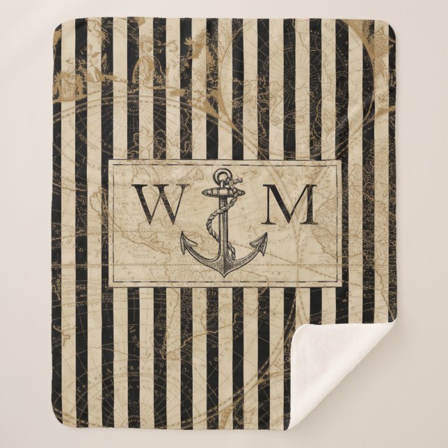 Old World Map Nautical Anchor Monogram Sherpa Blanket (Front)