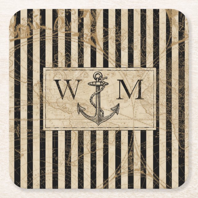 Old World Map Nautical Anchor Monogram Square Paper Coaster (Front)