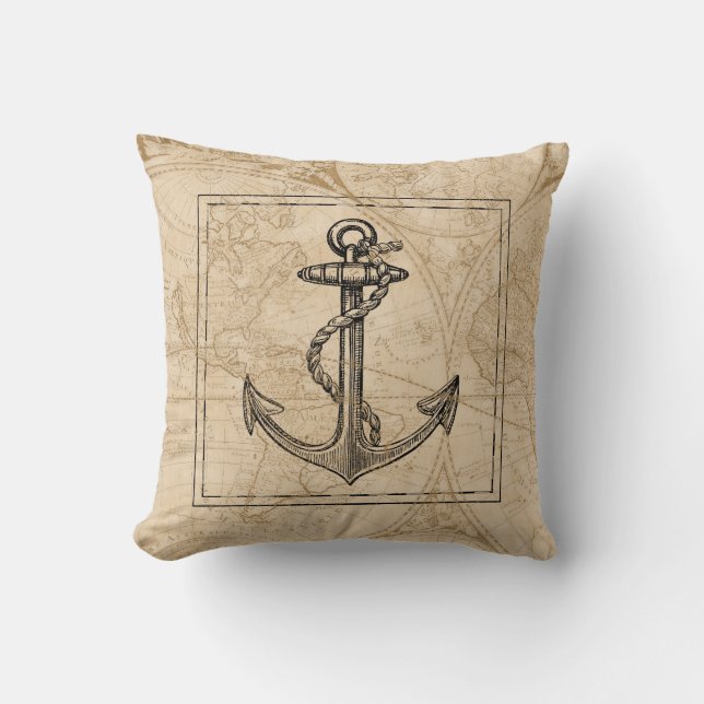 Old World Map Nautical Anchor Monogram Throw Pillow (Front)