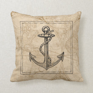 Old World Map Nautical Anchor Monogram Throw Pillow