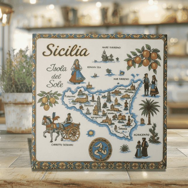 Old World Map of Sicily Tile (Traditional Old World Map of Sicily Ceramic Tile with Carretto Siciliano - Sicilian heritage gift)