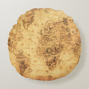 Old World Map: Stained Parchment Vintage Round Pillow