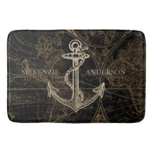 Old World Nautical Anchor Monogram Black Bath Mat