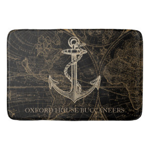 Old World Nautical Anchor Monogram Black Bath Mat